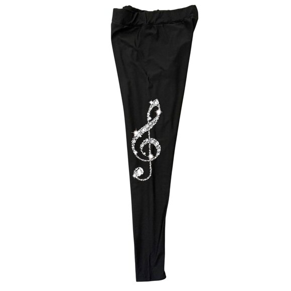 Stylish Black Leggings Sz L With Rhinestone Treble Clef Graphic Musiccore Glam - Picture 3 of 10